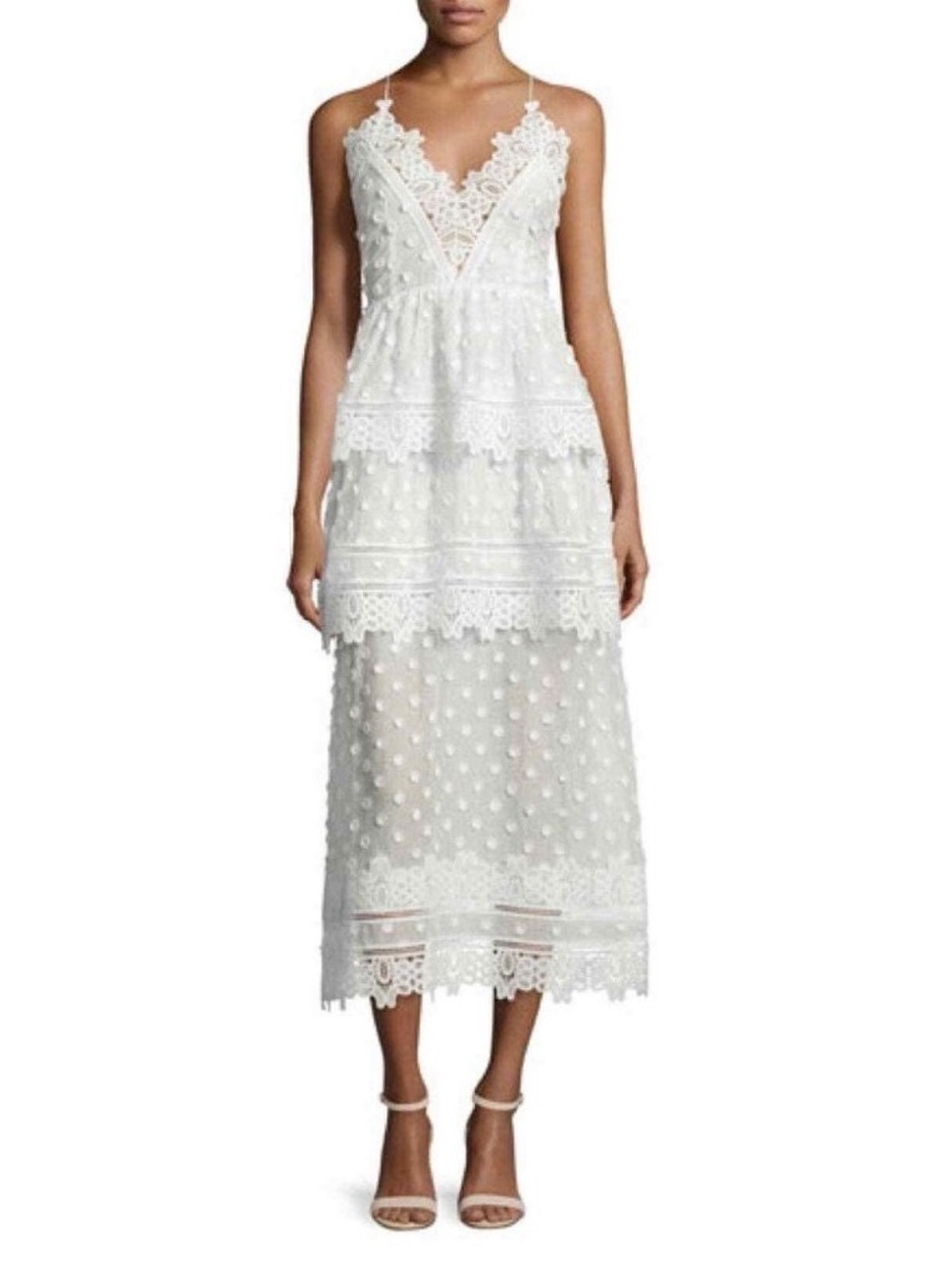 Self Portrait Ivy Cotton blend White Polka Dot Lace Tiered Midi Dress US 6